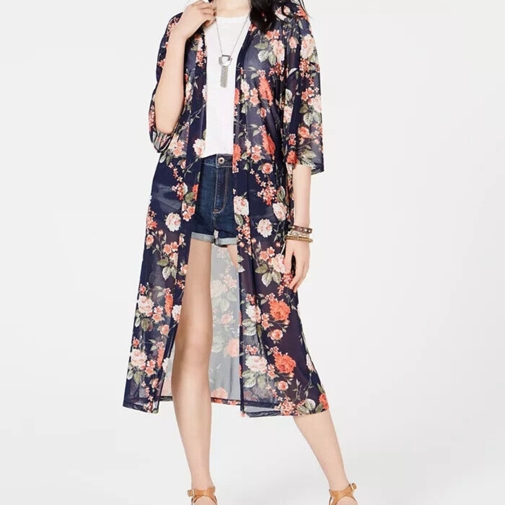 ULTRA FLIRT Juniors Printed Mesh Duster Kimono Cover-Up Floral Sheer Size S NWT